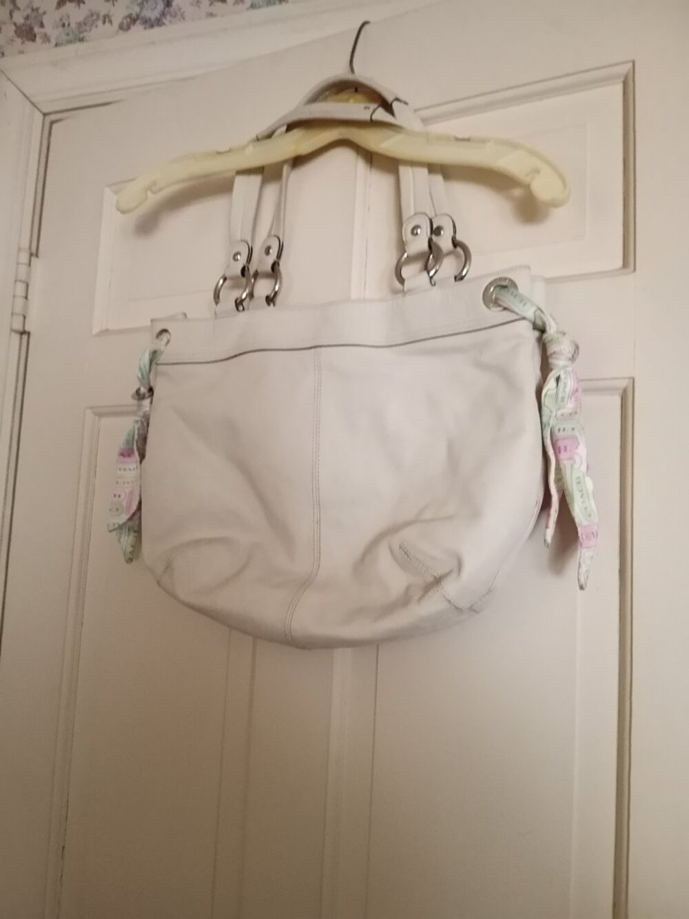 Coach XL White leather hobo style bag with pastel Coach scarf shoulder bag
